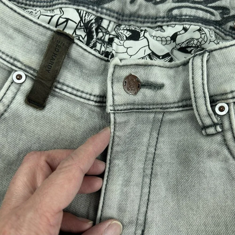 ED HARDY SKULLER Gray Wash Denim Straight Super Slim Jeans 34 Zip Fly